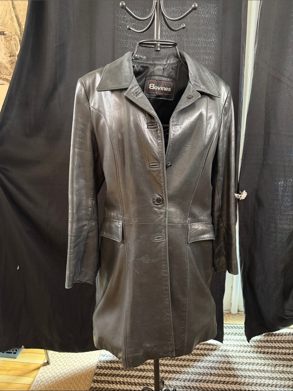 Women's Black Leather Button-Front Coat- Bovines